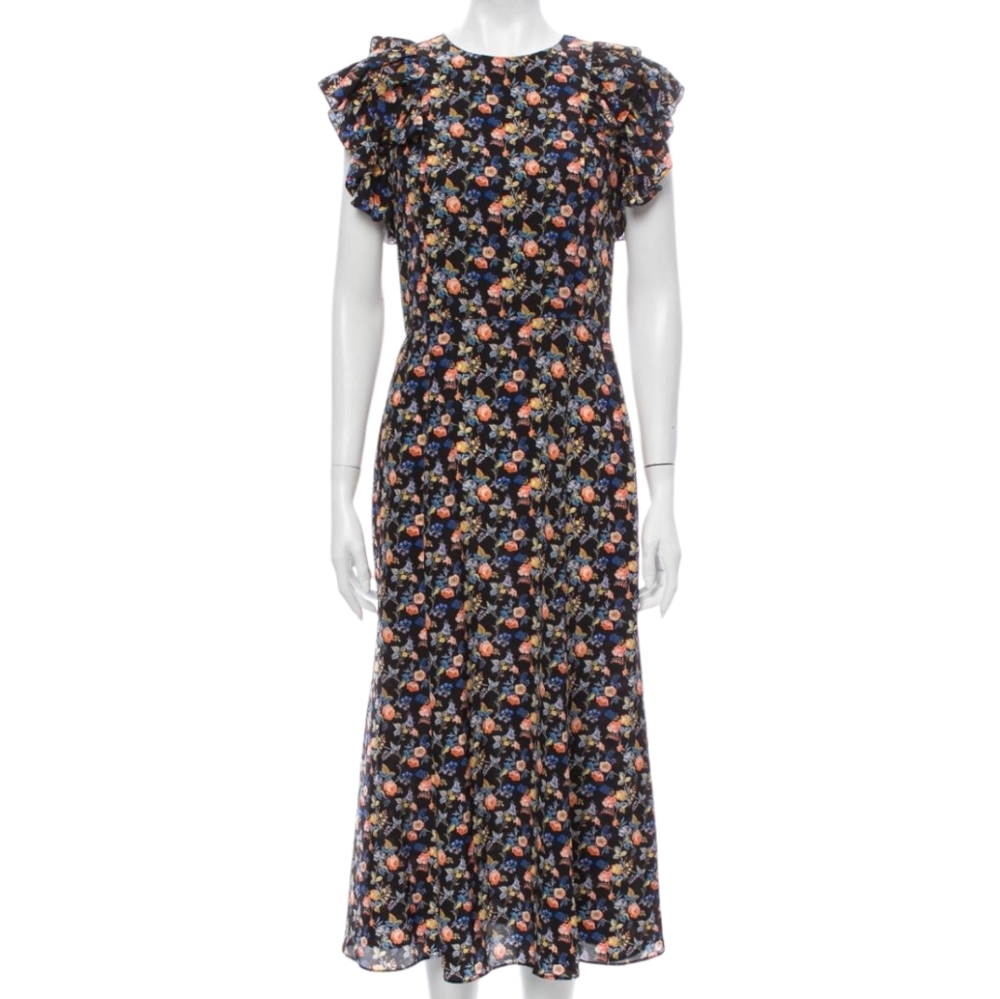 Les Reveries Floral Ruffle Sleeve Silk Dress